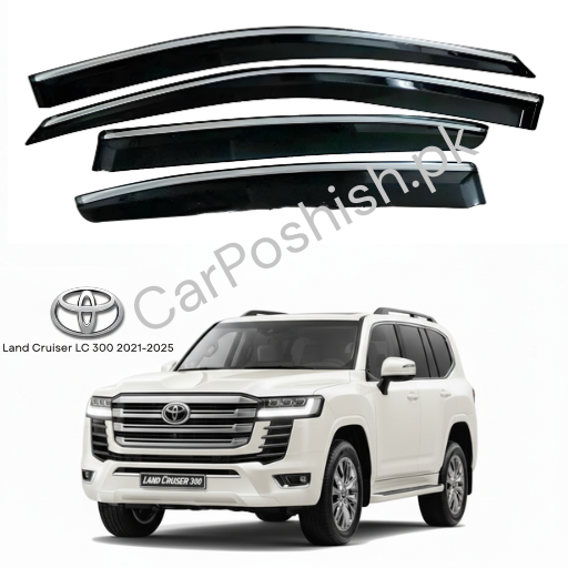 Air Press Simple & Chrome Land Cruiser LC 300 – Injection Type Mugen Style Door Visor Clip Fit (Black, 4 Pcs Set, Box Pack)