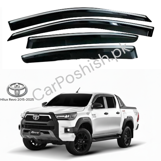 Air Press Simple & Chrome Toyota Hilux Revo – Injection Type Mugen Style Door Visor Clip Fit (Black, 4 Pcs Set, Box Pack)