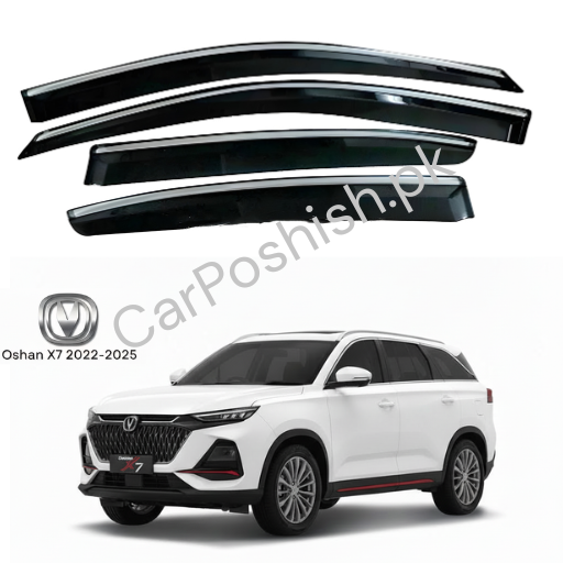 Air Press Simple & Chrome Changan Oshan X7 – Injection Type Mugen Style Door Visor Clip Fit (Black, 4 Pcs Set, Box Pack)