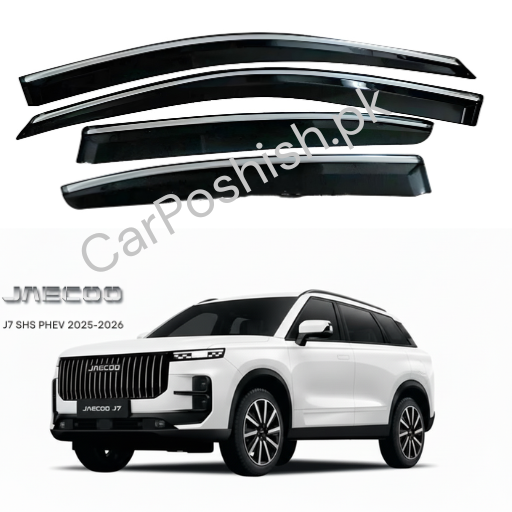 Air Press Simple & Chrome Jaecoo J7 – Injection Type Mugen Style Door Visor Clip Fit (Black, 4 Pcs Set, Box Pack)